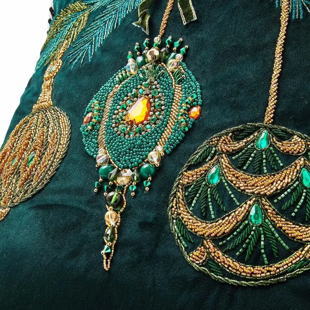 NEW MacKenzie-Childs Emerald Ornaments Beaded Throw Pillow 18x18